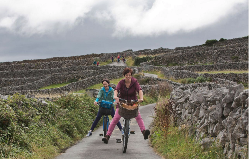image tourists cycling on bikes on a tour