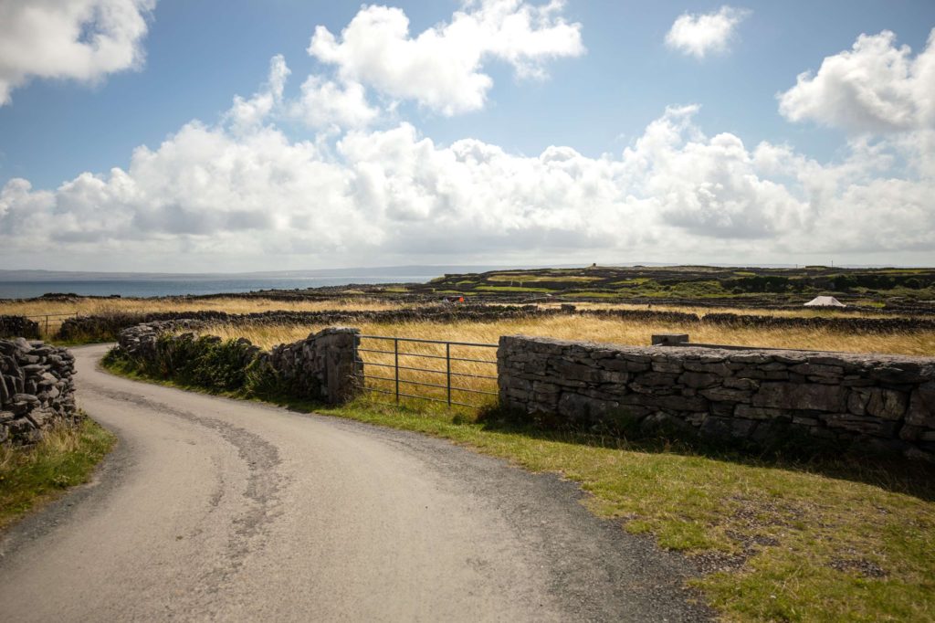 AKphoto (115) Scenic rural road with stone walls, overlooking fields and coastline under a cloudy blue sky in Ireland.