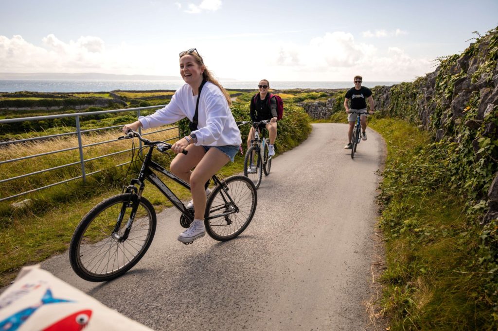 AKphoto (129) Cyclists enjoying a scenic ride along a country lane in Ireland, with stone walls and ocean views in the background.